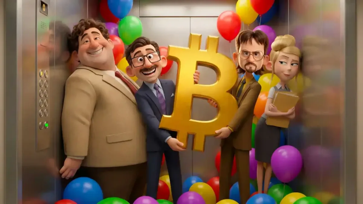 Bonus di benvenuto crypto SpinBoss: il team con un Bitcoin dorato in un ascensore pieno di palloncini
